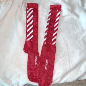Off White Diagonal Red Glitter Socks NWOT
